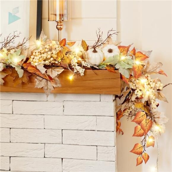 Fall Garland with Lights, 6Ft Lighted Fall Leaves Garland for Mantle Outdoor - Picture 1 of 8